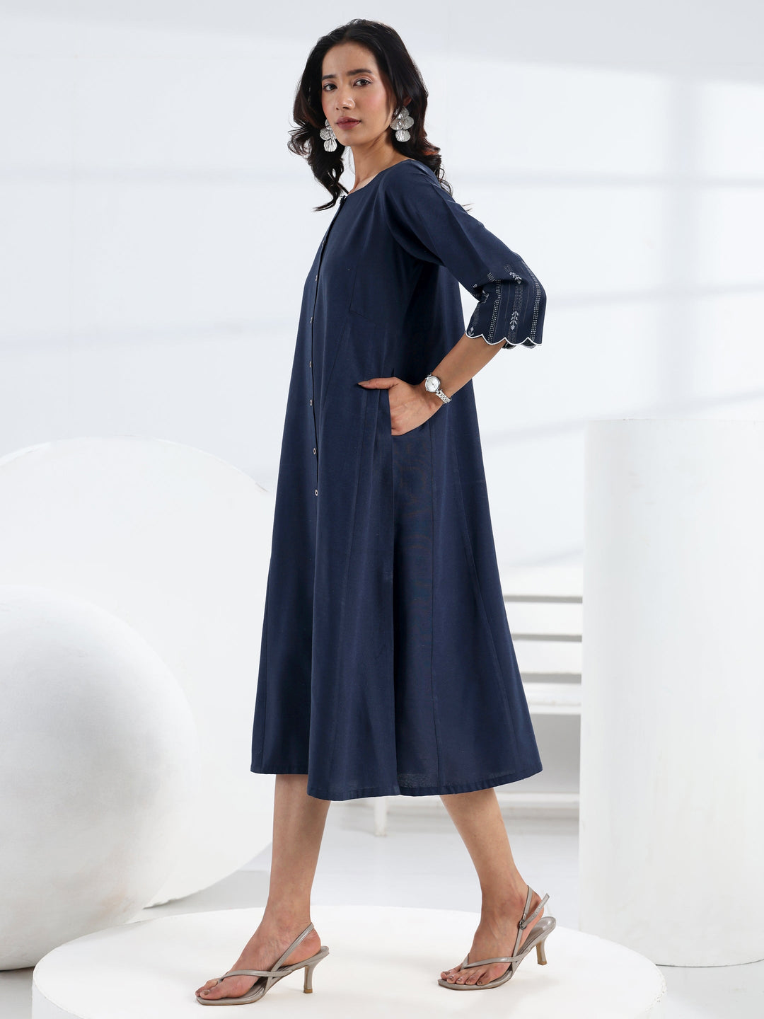  Blue Solid Cotton Blend A-Line One Piece Dress 