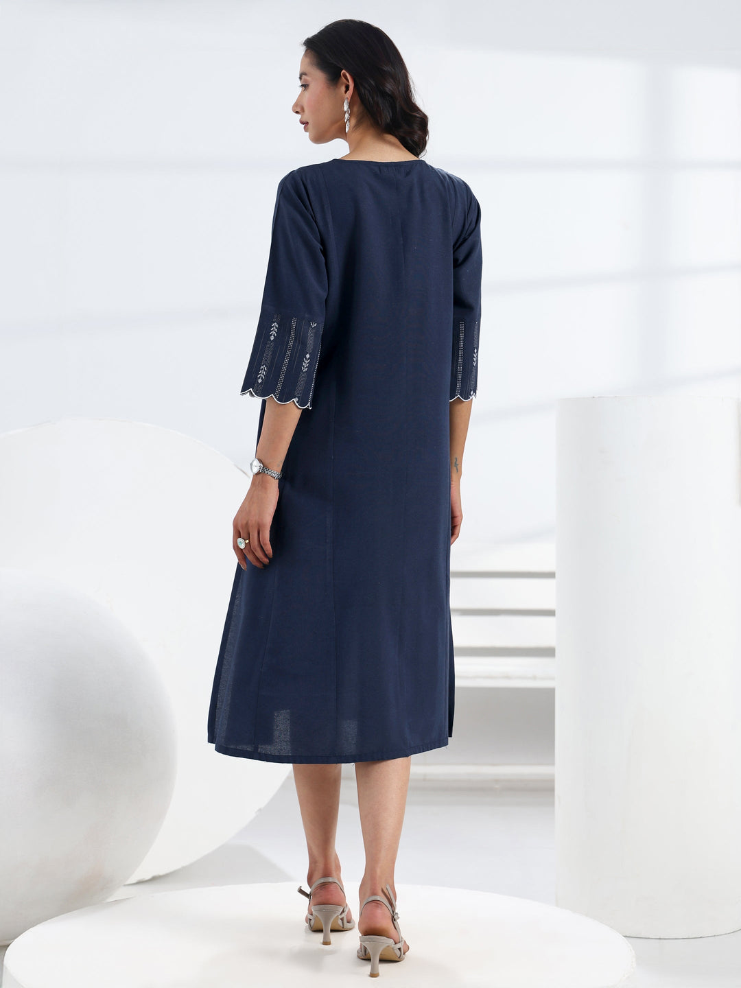  Blue Solid Cotton Blend A-Line One Piece Dress 