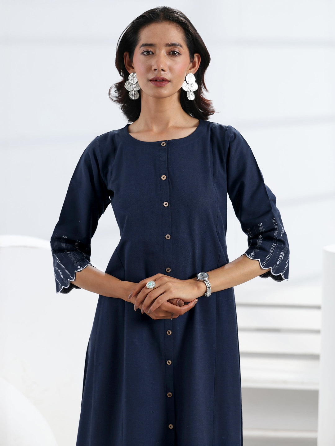  Blue Solid Cotton Blend A-Line One Piece Dress 