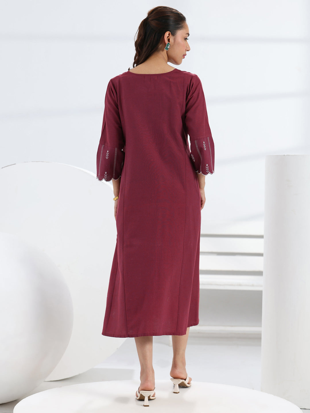  Maroon Solid Cotton Blend A-Line One Piece Dress 