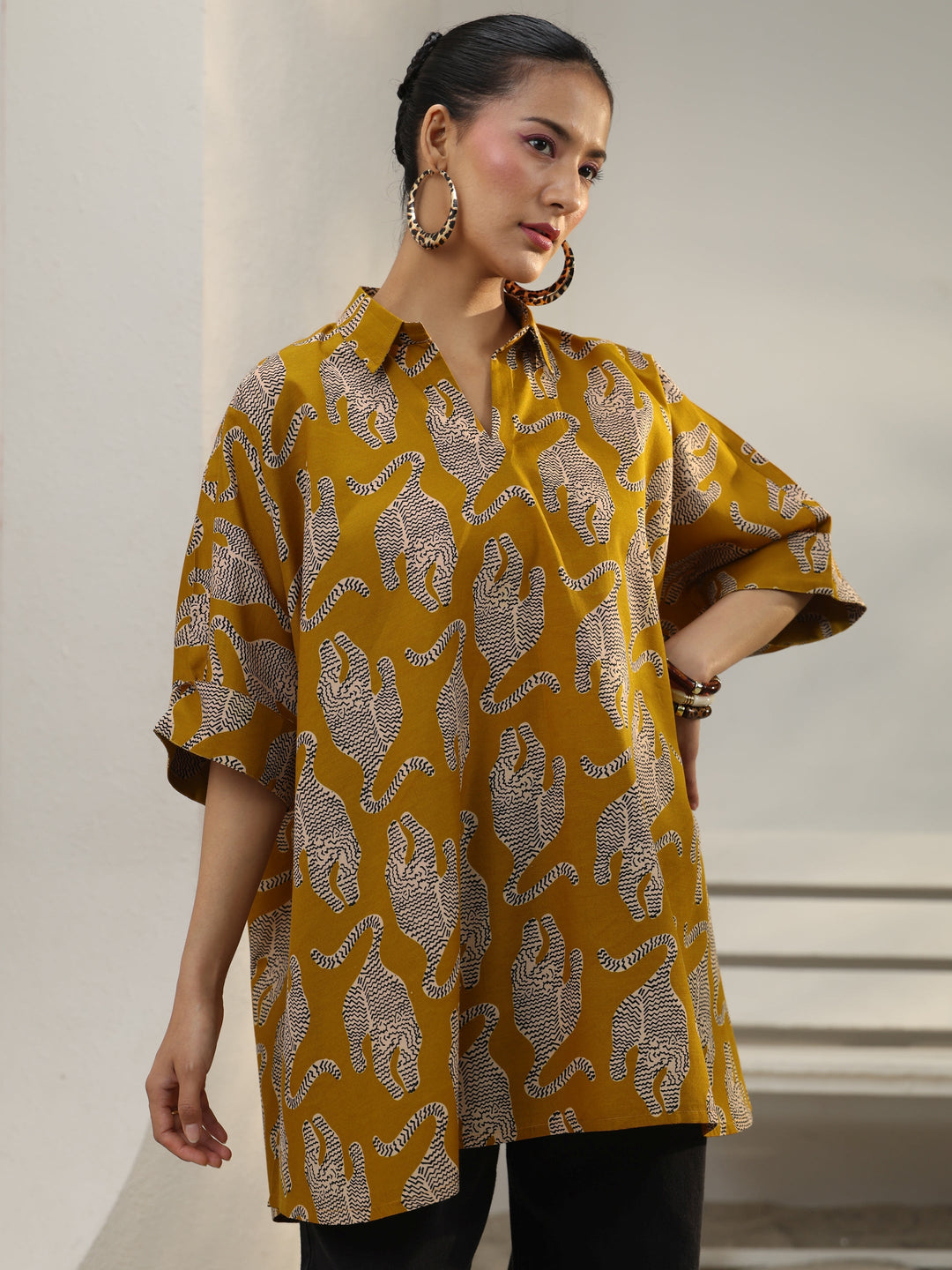  Power Move Mustard Quirky Printed Cotton Blend Shirt 