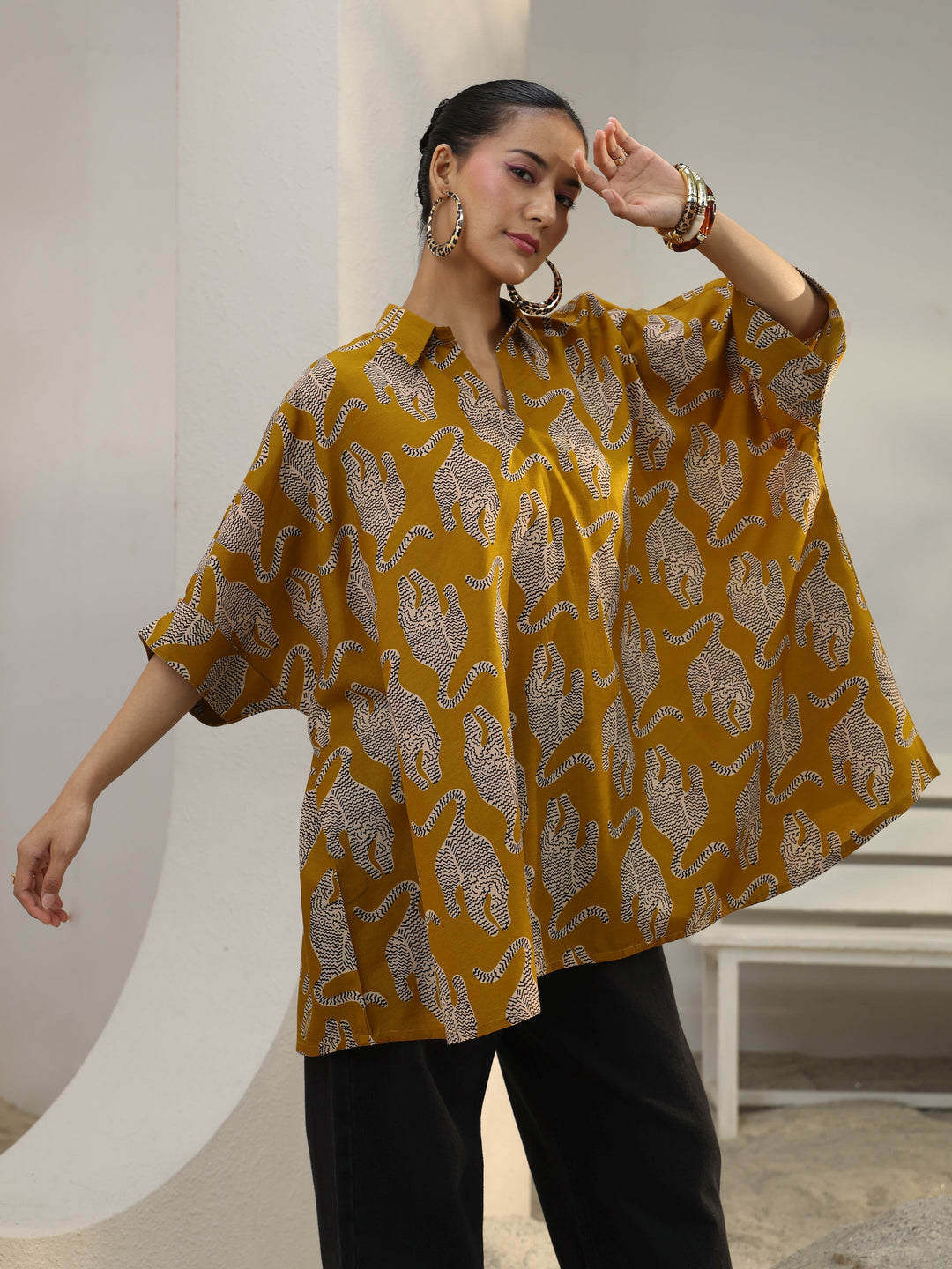  Power Move Mustard Quirky Printed Cotton Blend Shirt 