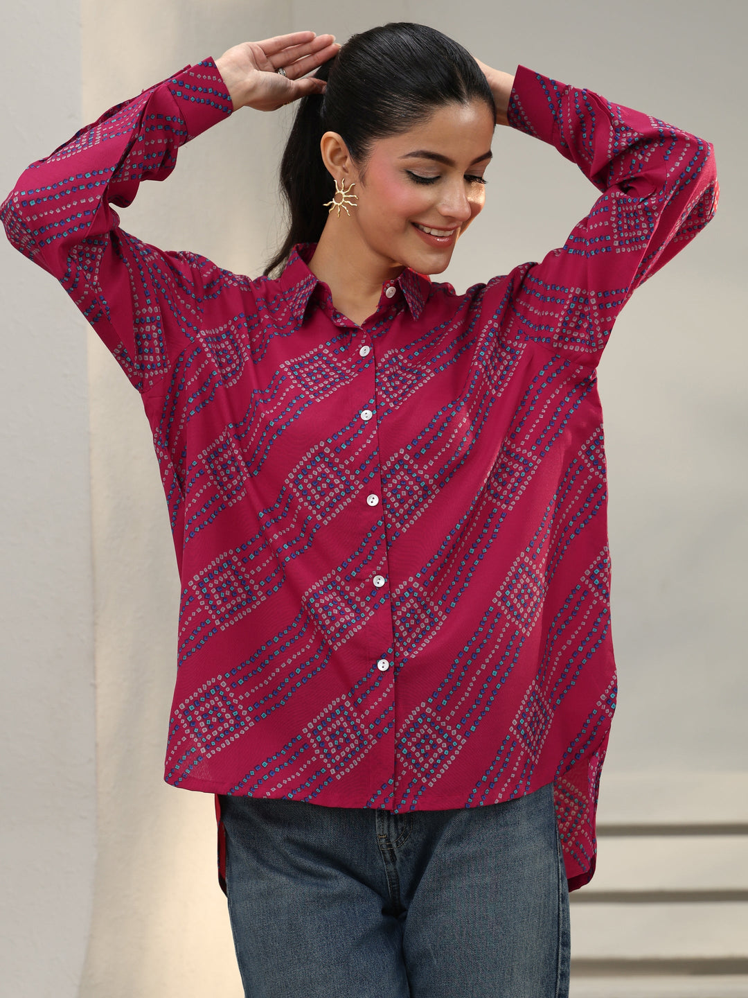  Pink Bandhani Printed Cotton Blend Shirt 