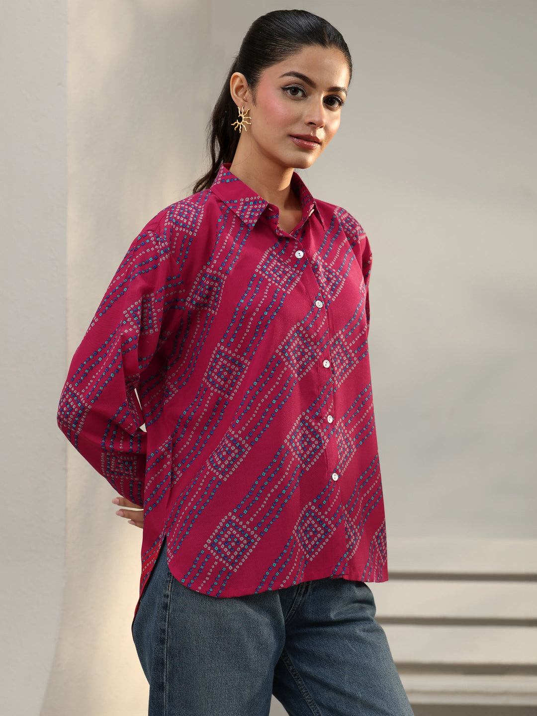  Pink Bandhani Printed Cotton Blend Shirt 