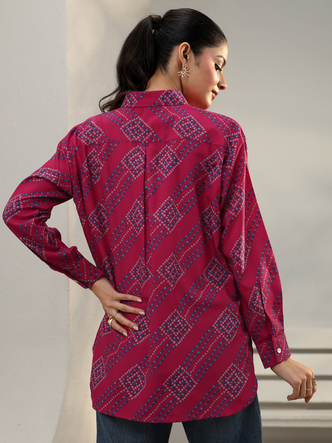  Pink Bandhani Printed Cotton Blend Shirt 