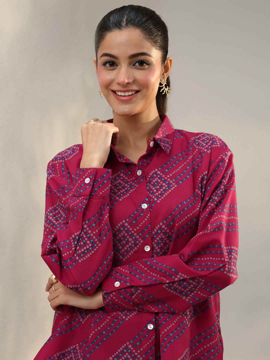  Pink Bandhani Printed Cotton Blend Shirt 