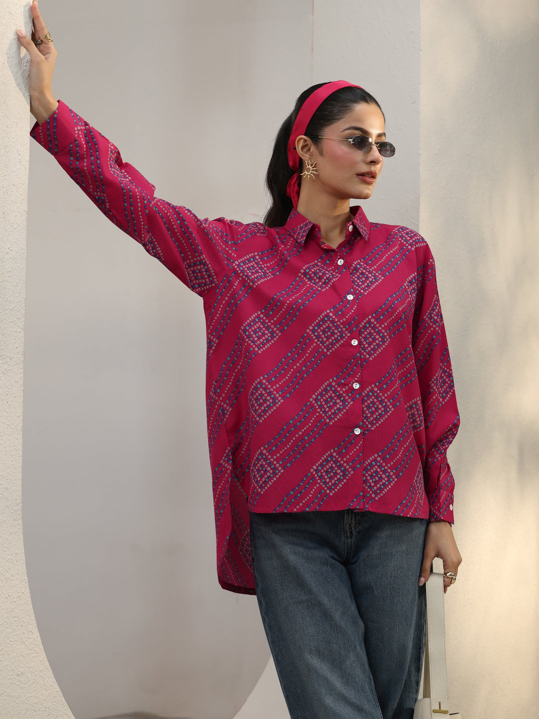  Pink Bandhani Printed Cotton Blend Shirt 