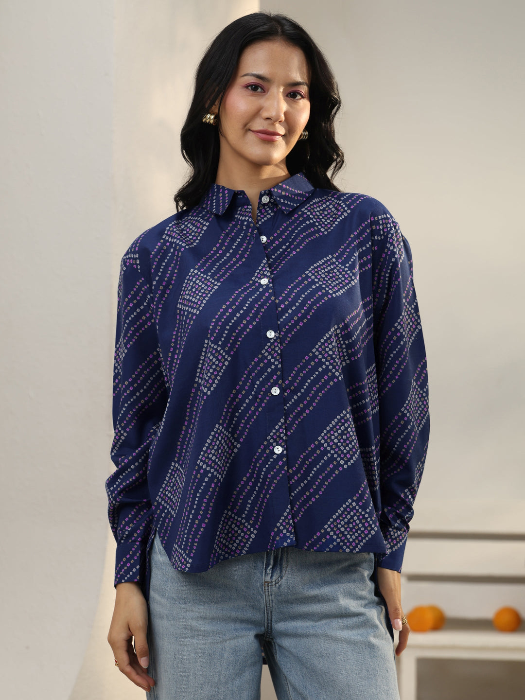  Blue Bandhani Printed Cotton Blend Shirt 