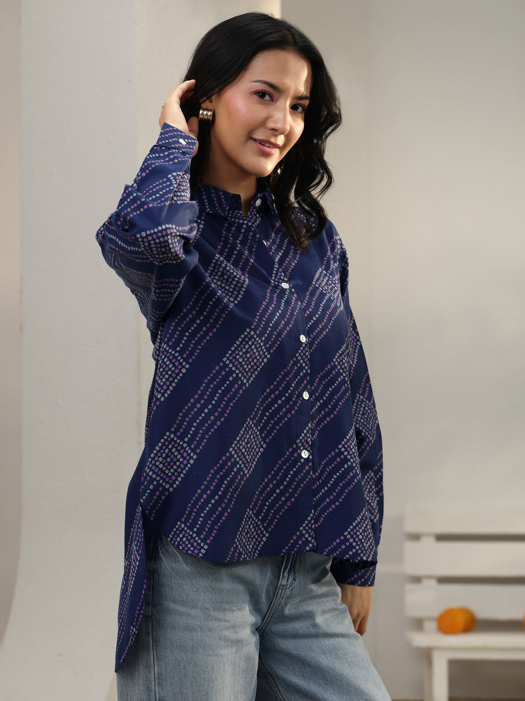  Blue Bandhani Printed Cotton Blend Shirt 