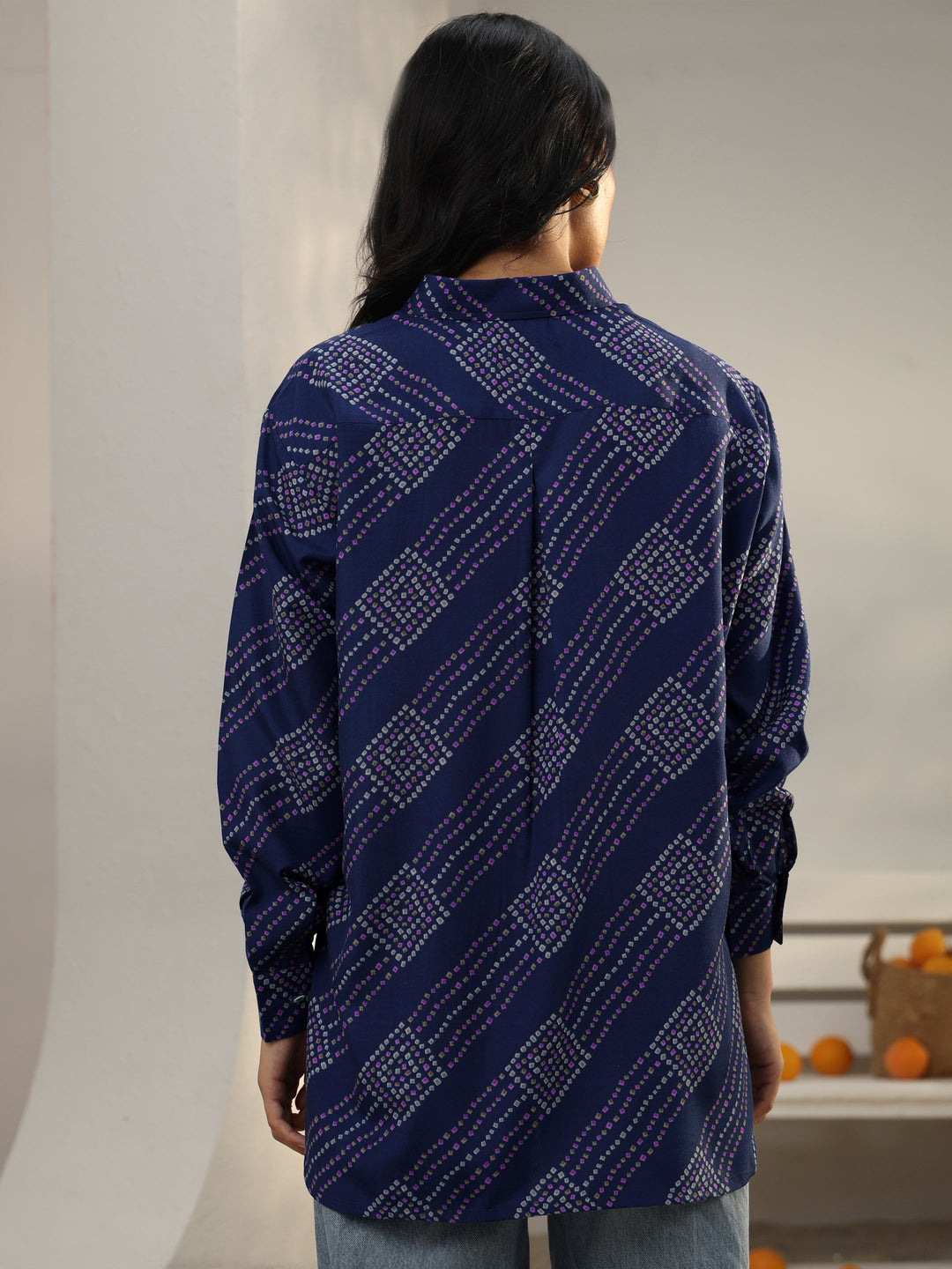  Blue Bandhani Printed Cotton Blend Shirt 