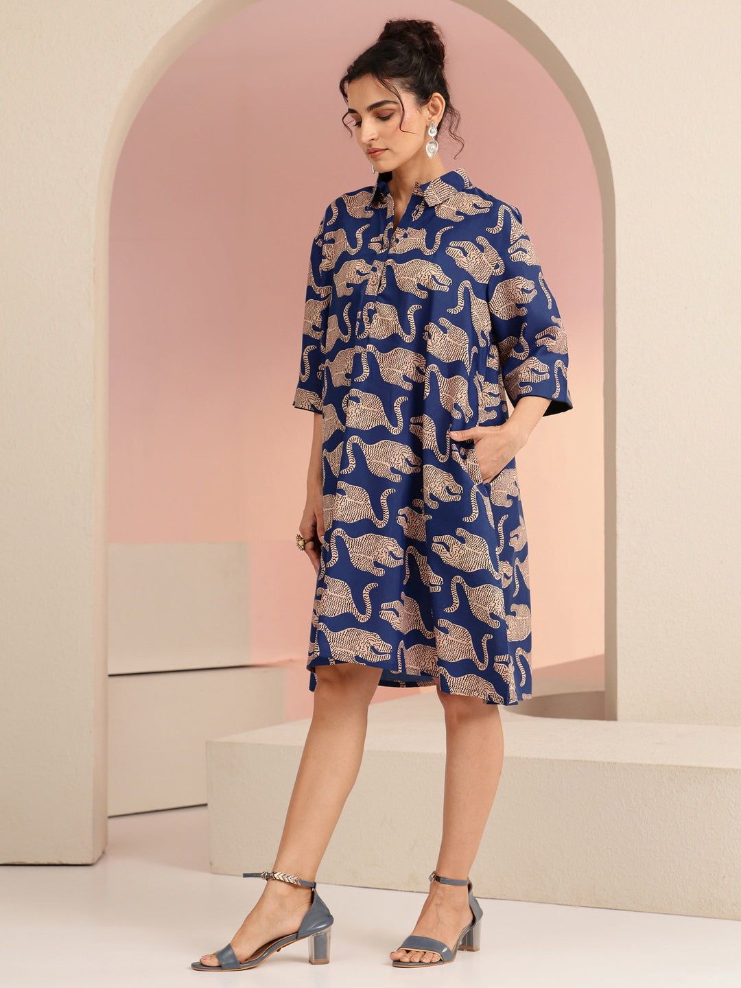  Mustard Animal Printed Cotton Blend Oversized Dress 
