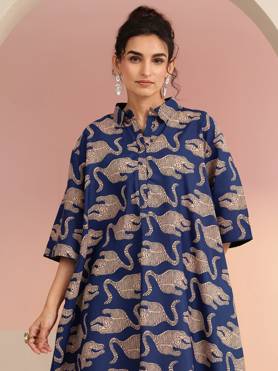  Mustard Animal Printed Cotton Blend Oversized Dress 