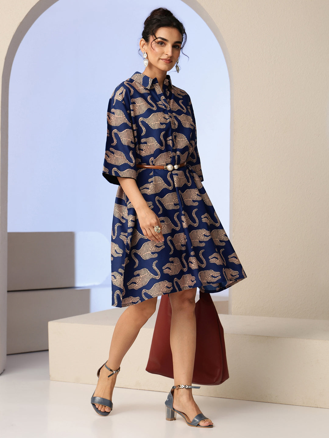  Mustard Animal Printed Cotton Blend Oversized Dress 