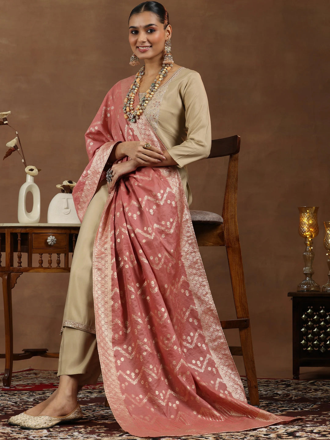  Beige Yoke Design Silk Blend Straight Suit With Dupatta 