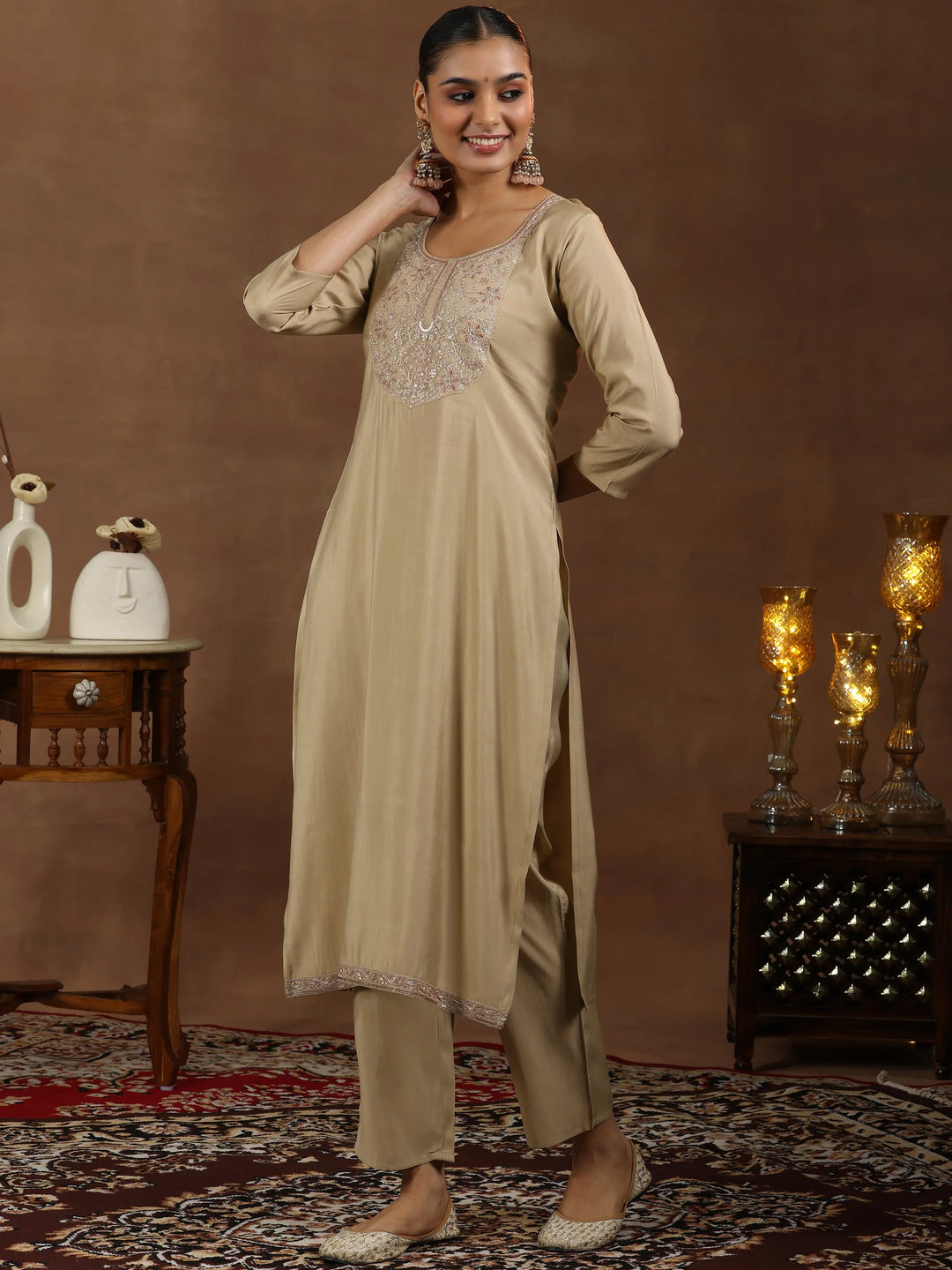  Beige Yoke Design Silk Blend Straight Suit With Dupatta 