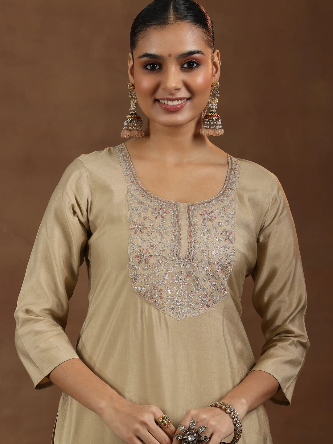  Beige Yoke Design Silk Blend Straight Suit With Dupatta 