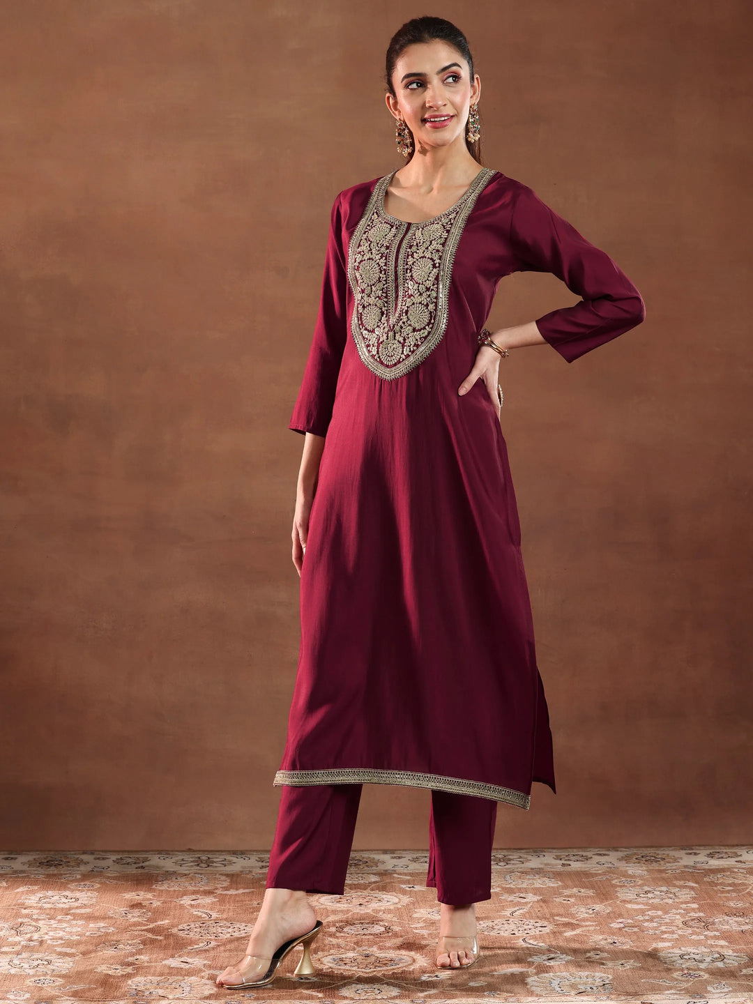  Maroon Yoke Design Silk Blend A-Line Kurta With Trousers & Dupatta 