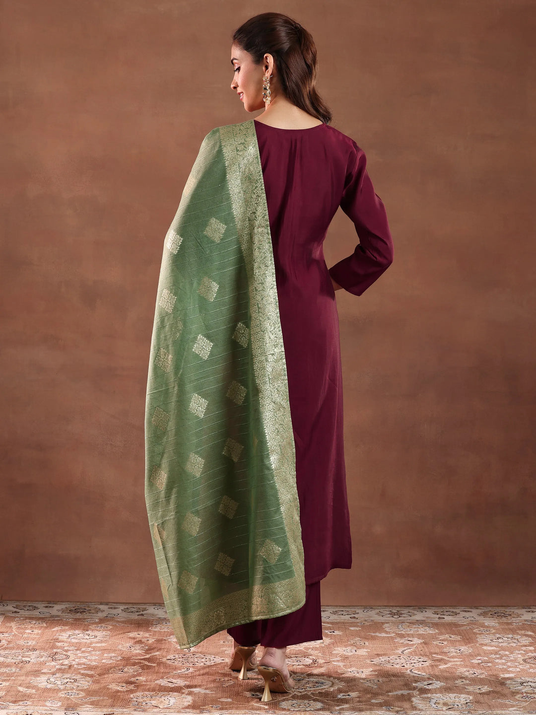  Maroon Yoke Design Silk Blend A-Line Kurta With Trousers & Dupatta 