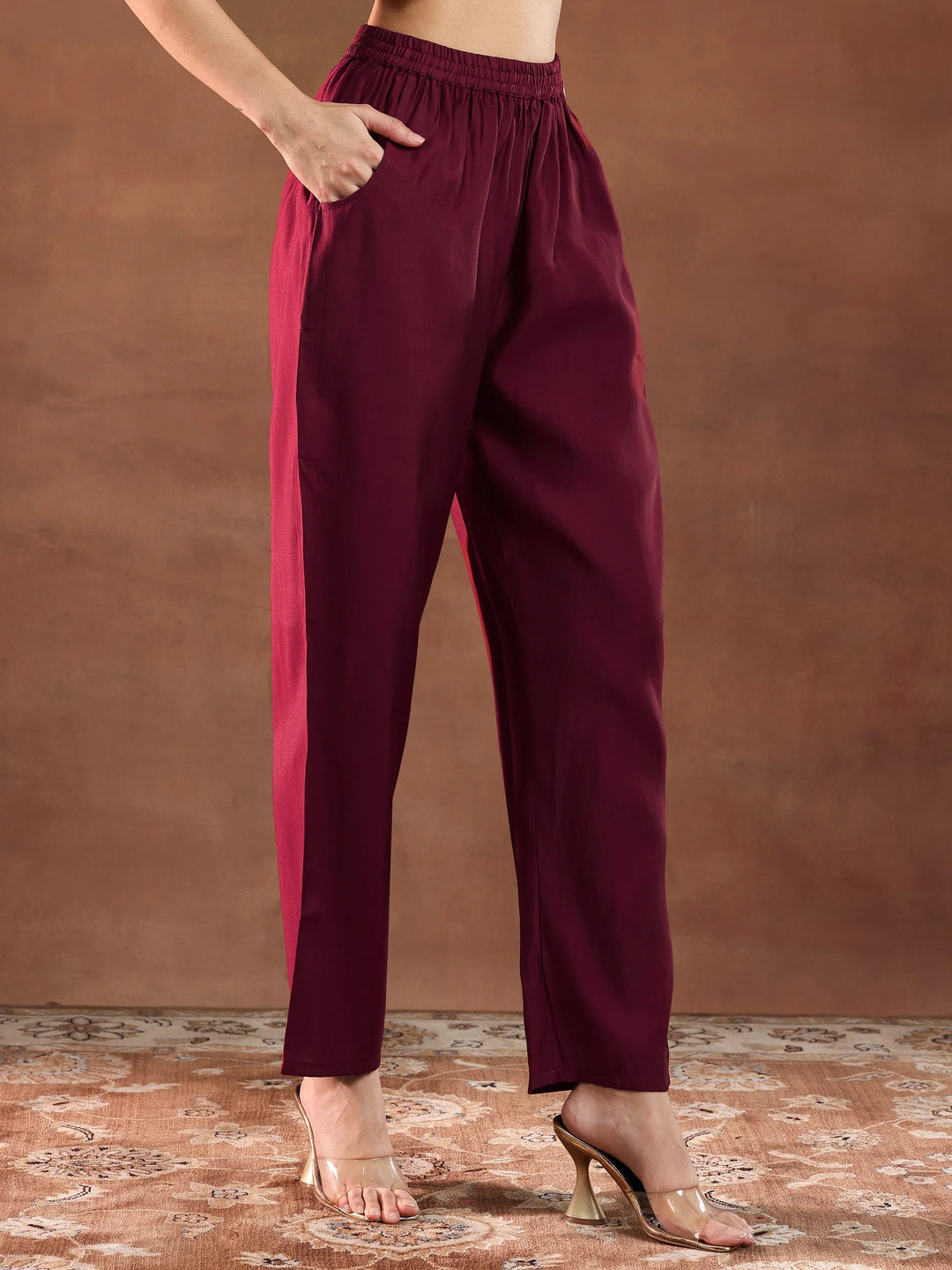  Maroon Yoke Design Silk Blend A-Line Kurta With Trousers & Dupatta 