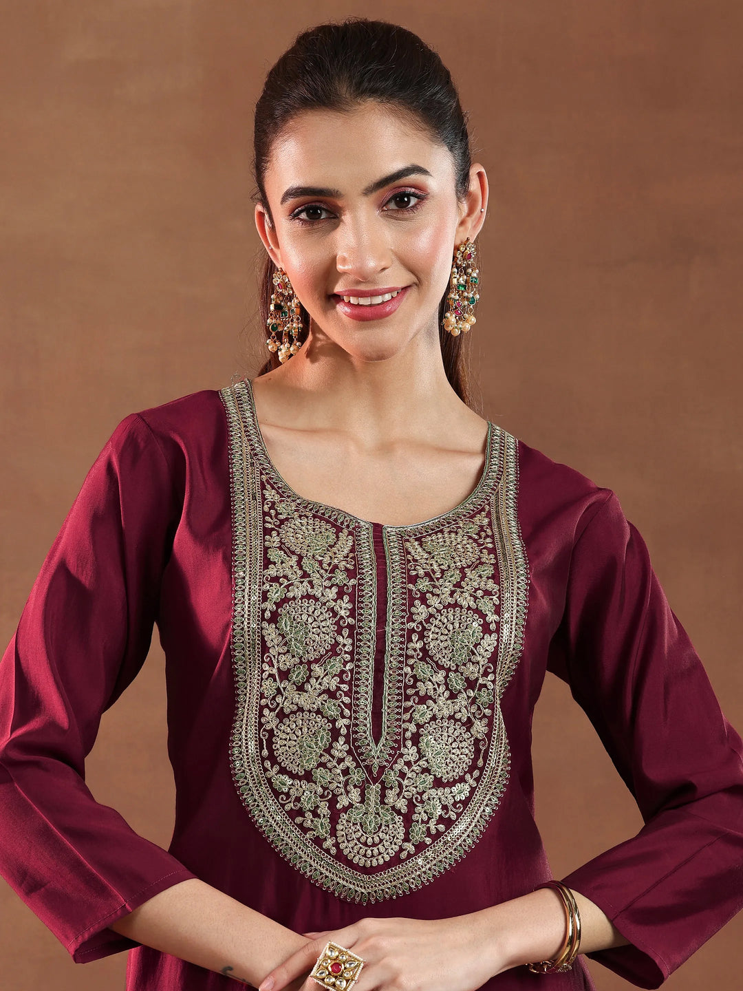  Maroon Yoke Design Silk Blend A-Line Kurta With Trousers & Dupatta 