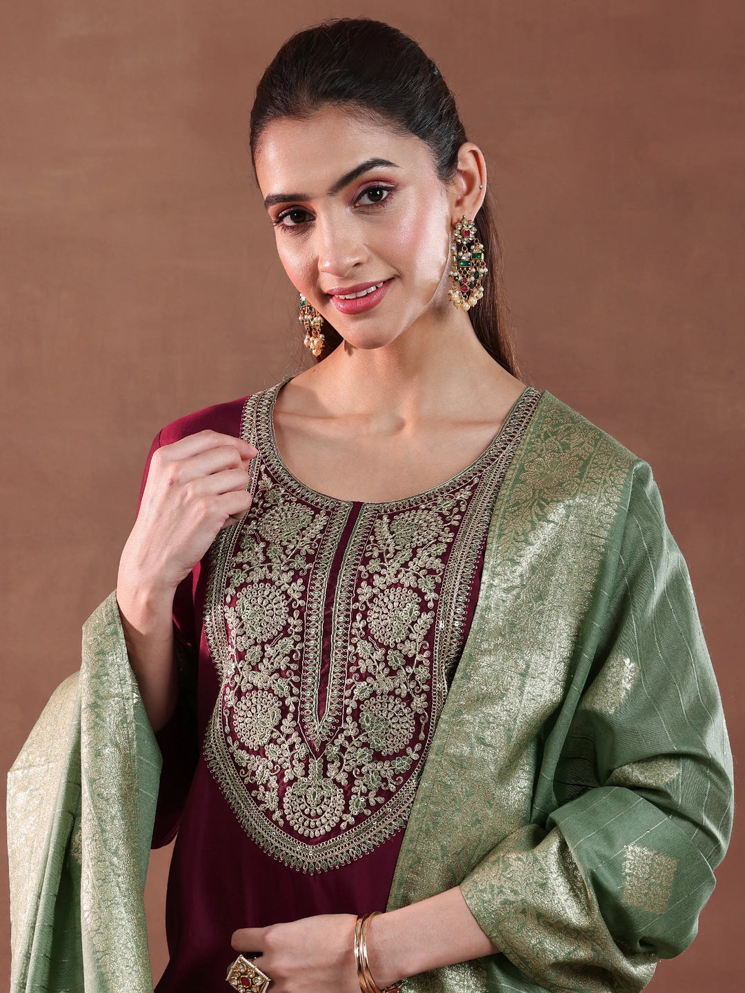  Maroon Yoke Design Silk Blend A-Line Kurta With Trousers & Dupatta 