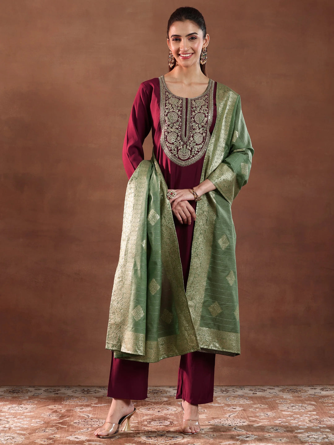  Maroon Yoke Design Silk Blend A-Line Kurta With Trousers & Dupatta 