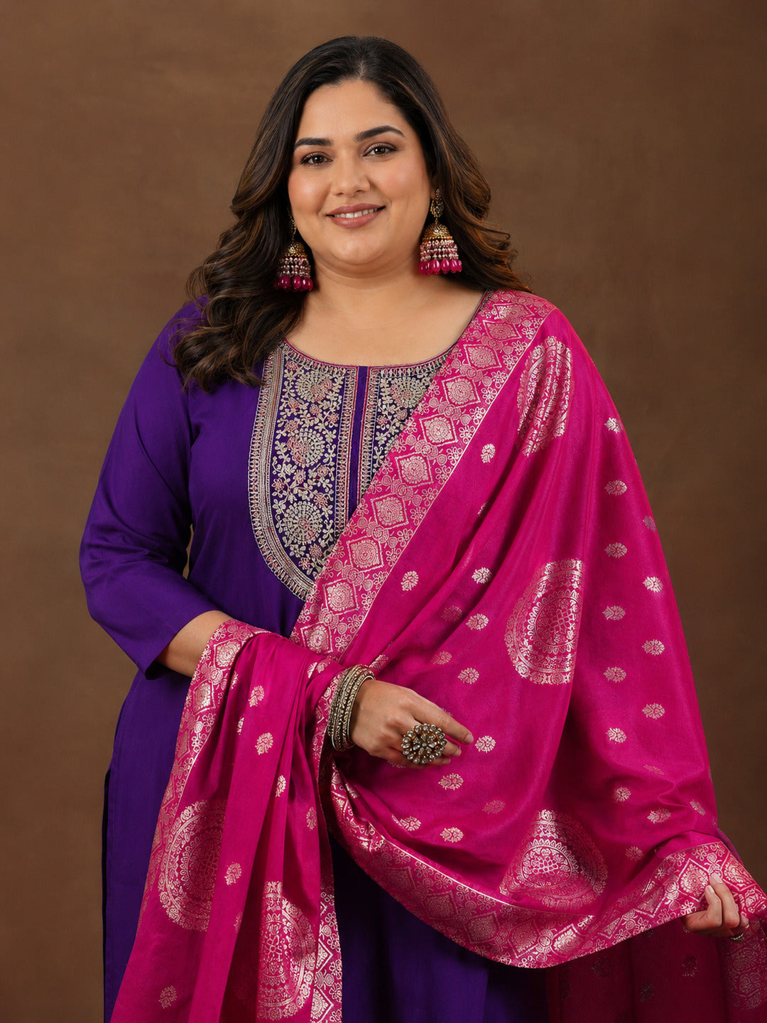  Plus Size Purple Yoke Design Silk Blend Straight Suit With Dupatta 