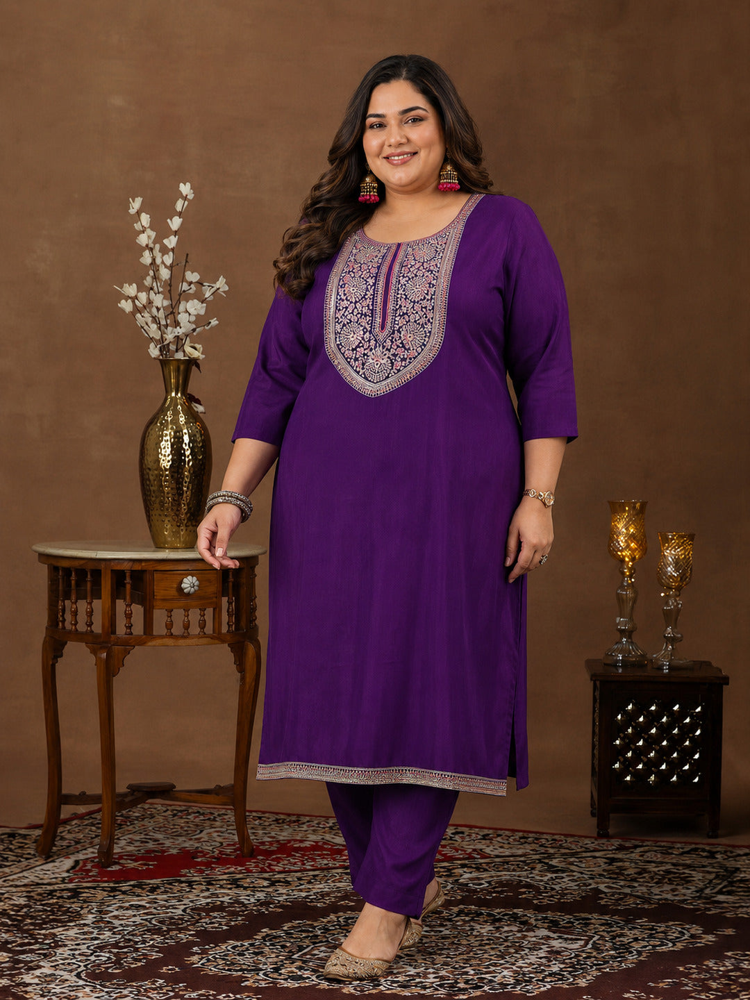  Plus Size Purple Yoke Design Silk Blend Straight Suit With Dupatta 