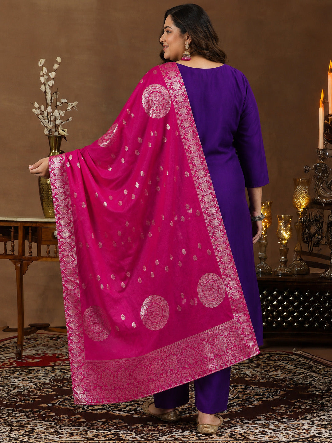  Plus Size Purple Yoke Design Silk Blend Straight Suit With Dupatta 