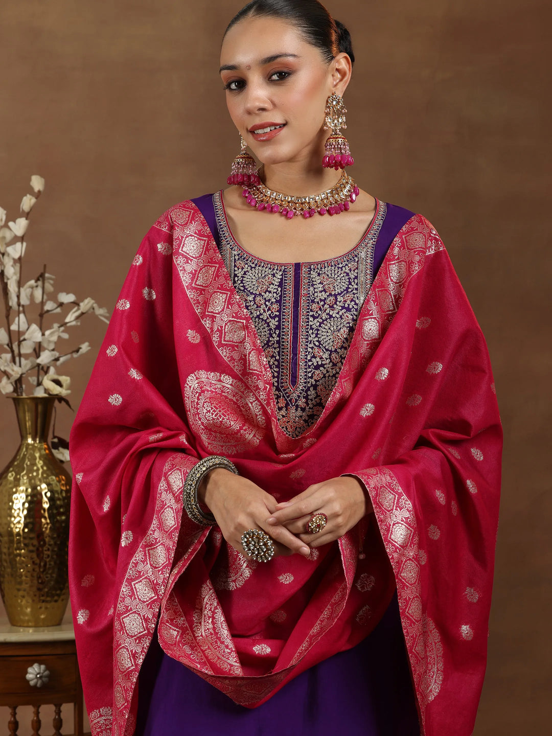 Purple Yoke Design Silk Blend Straight Suit With Dupatta 