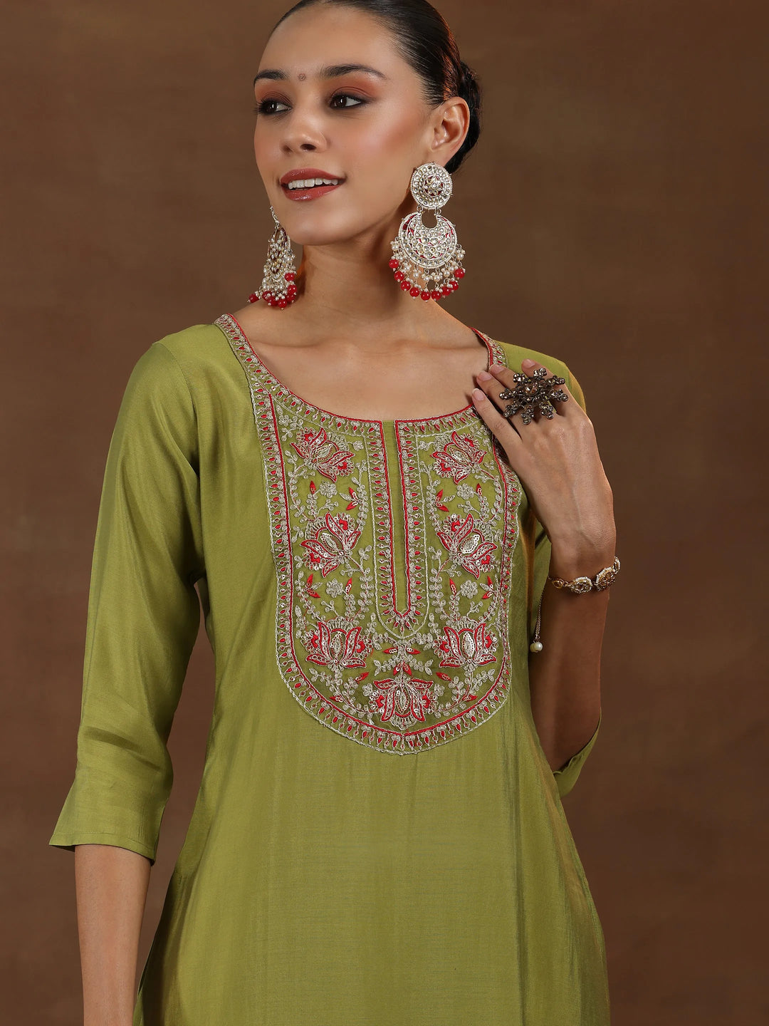  Green Yoke Design Silk Blend Straight Suit With Dupatta 