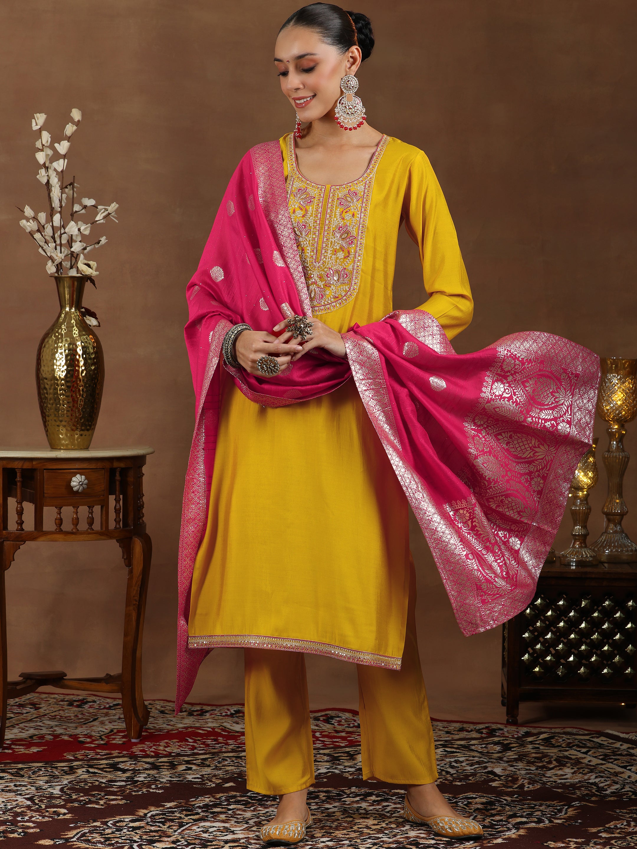 libas Mustard Yoke Design Silk Blend Straight Suit With Dupatta-picture-54