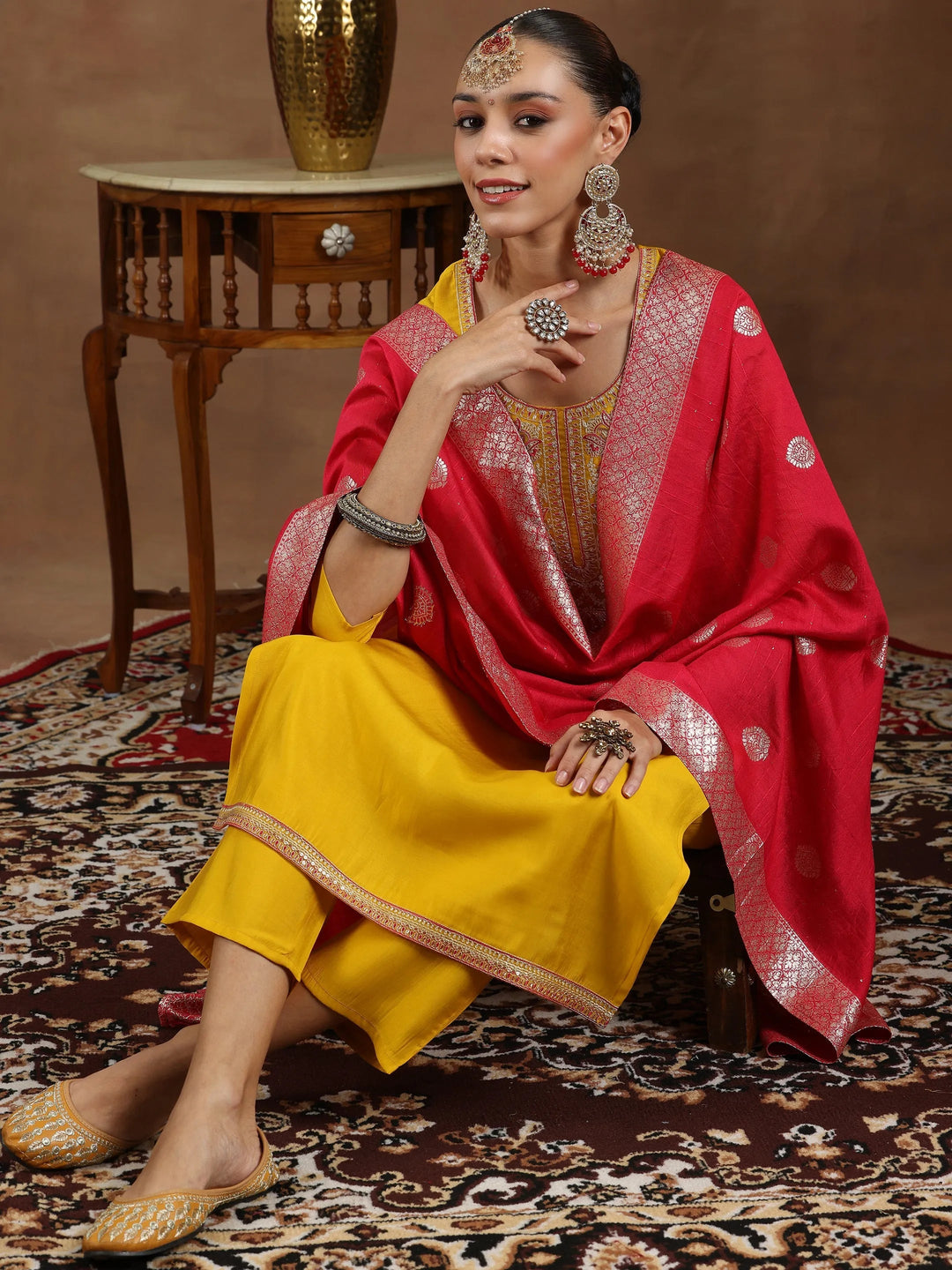  Mustard Yoke Design Silk Blend Straight Suit With Dupatta 