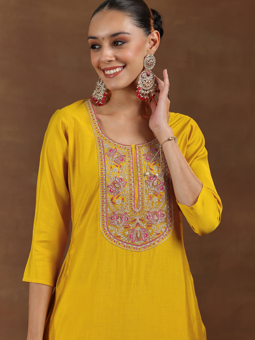  Mustard Yoke Design Silk Blend Straight Suit With Dupatta 