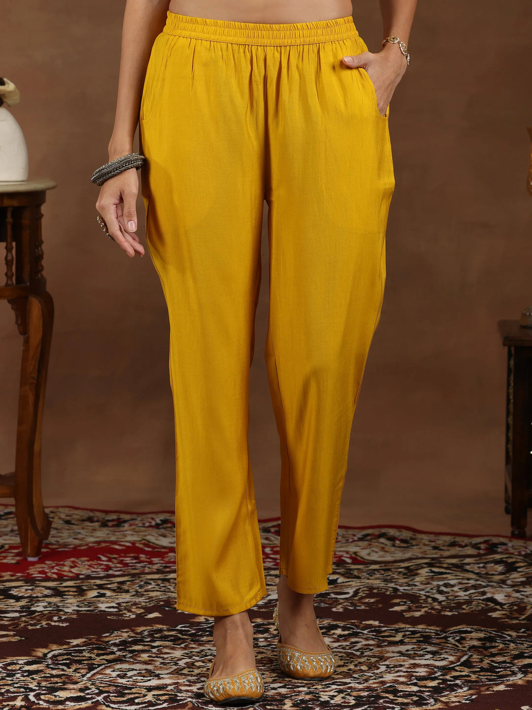  Mustard Yoke Design Silk Blend Straight Suit With Dupatta 