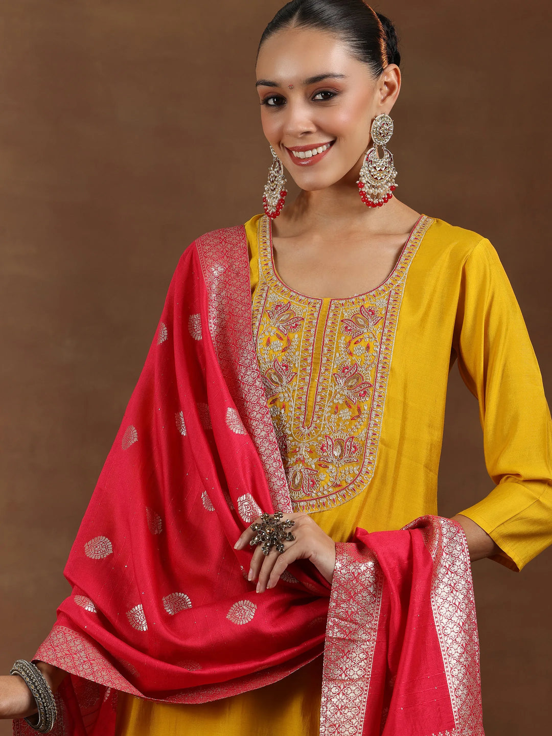  Mustard Yoke Design Silk Blend Straight Suit With Dupatta 