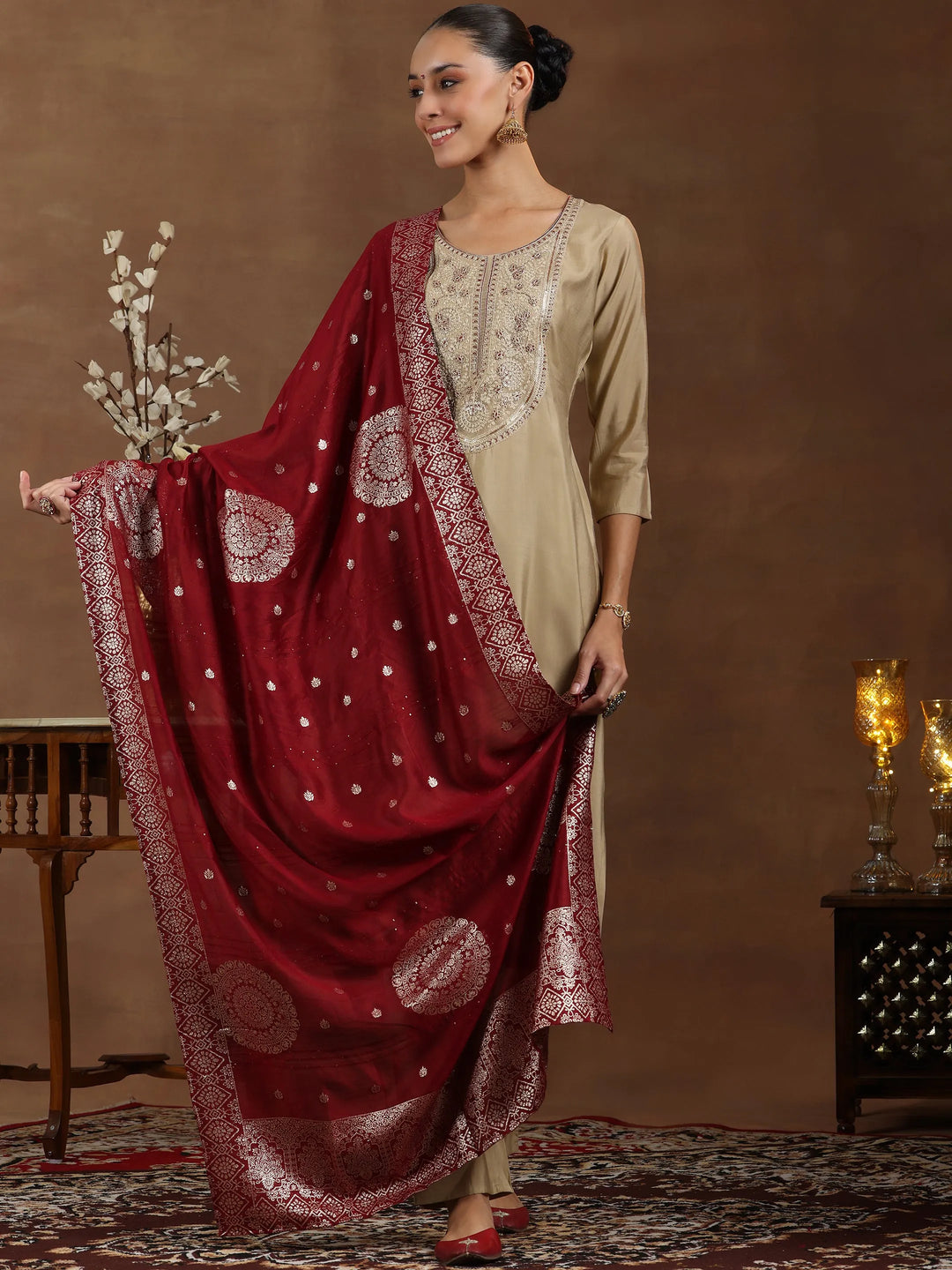  Beige Yoke Design Silk Blend Straight Suit With Dupatta 