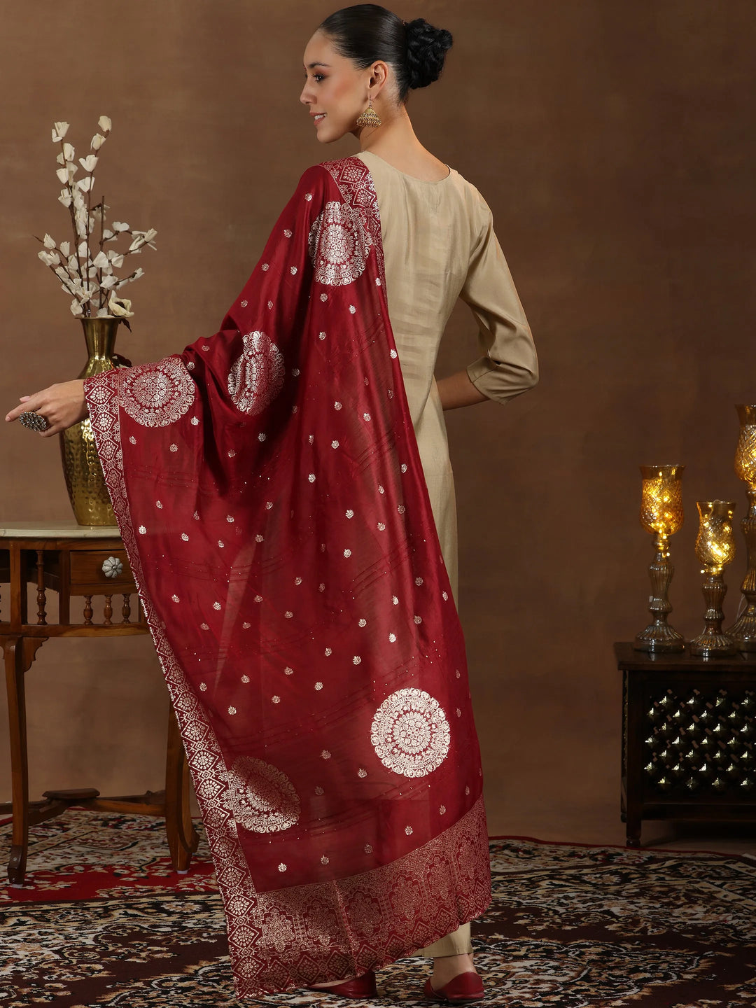  Beige Yoke Design Silk Blend Straight Suit With Dupatta 