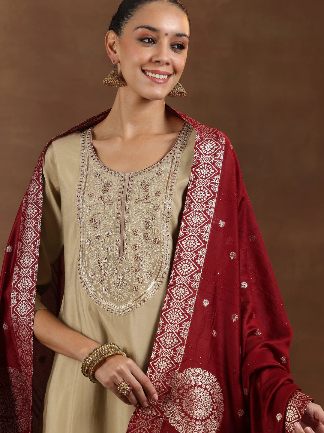  Beige Yoke Design Silk Blend Straight Suit With Dupatta 