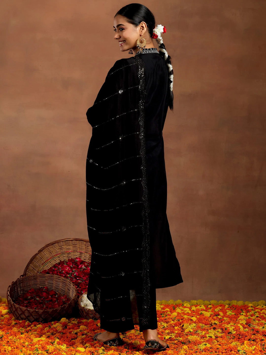 Black Embroidered Silk Blend Straight Suit With Dupatta 