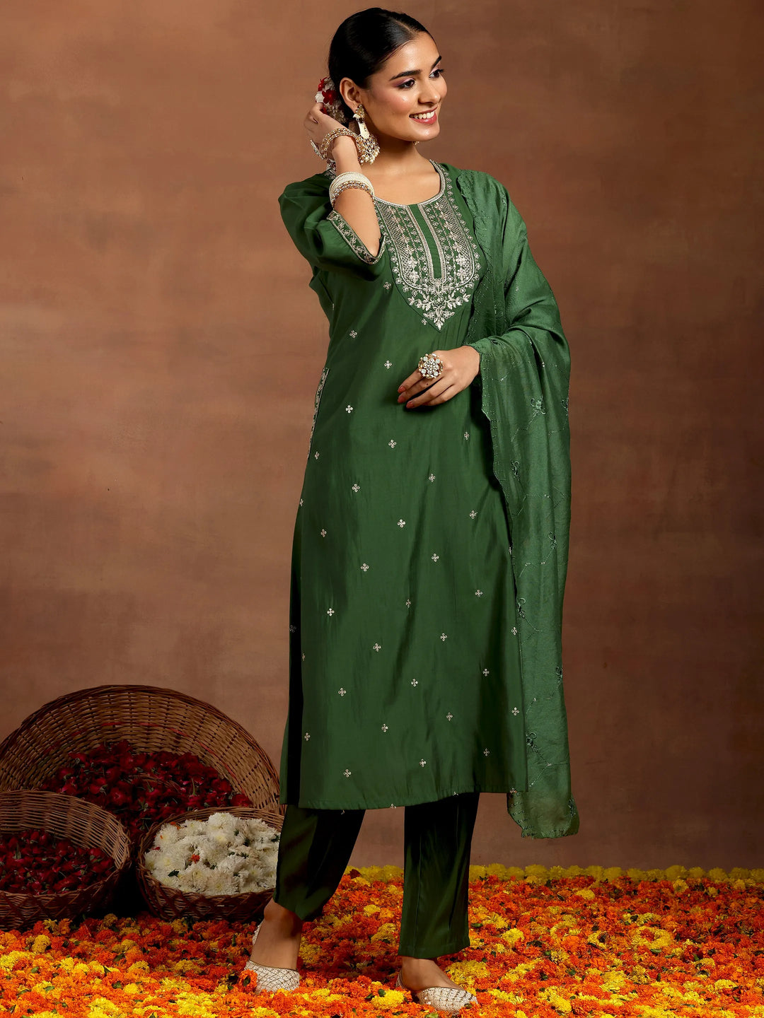  Green Embroidered Silk Blend Straight Suit With Dupatta 