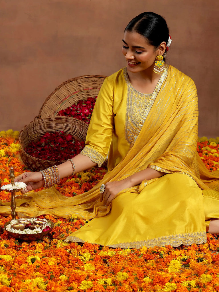 Gerua Yellow Yoke Design Silk Blend Straight Suit With Dupatta