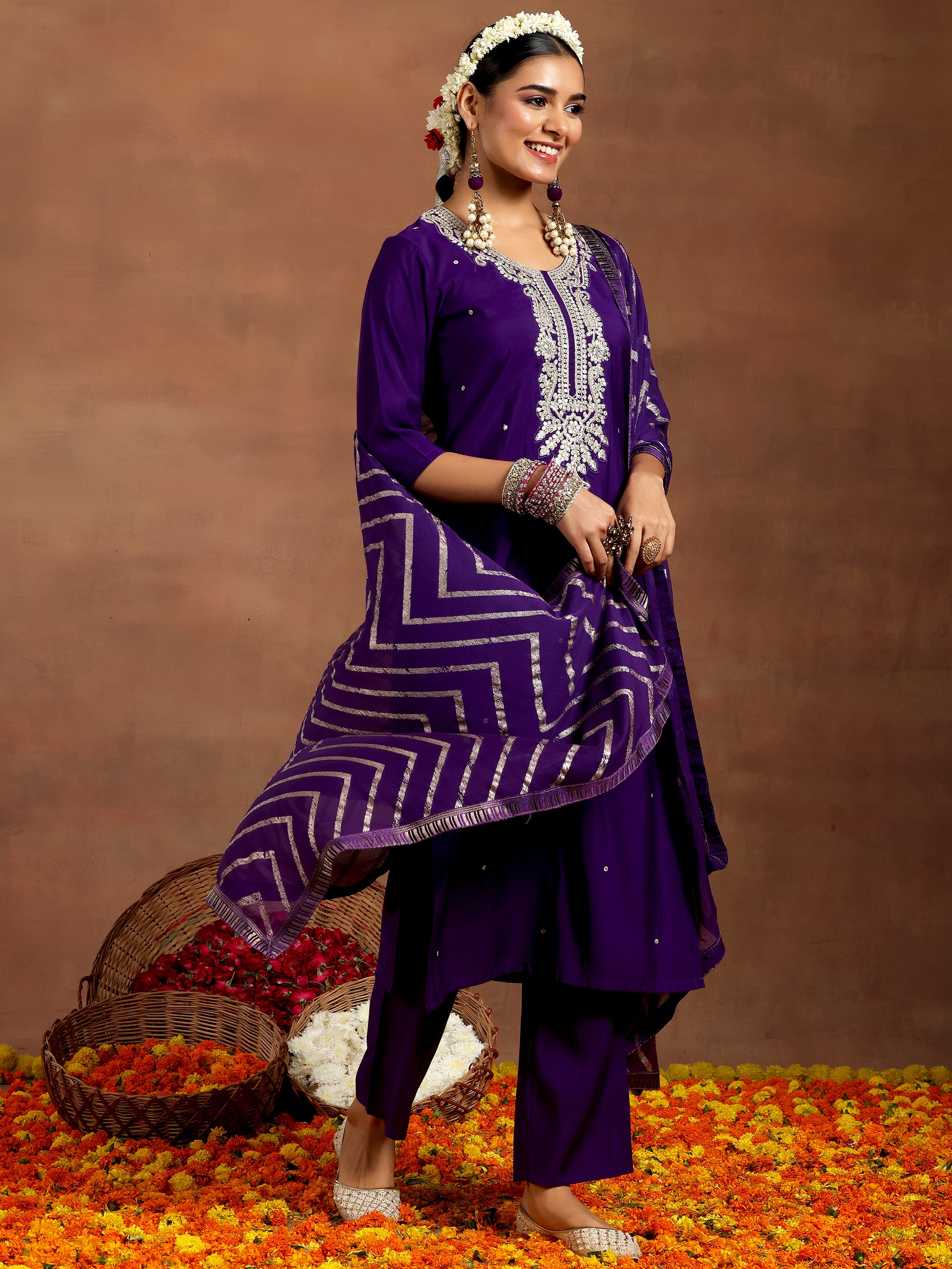 Purple Embroidered Silk Blend Straight Suit With Dupatta-image-33