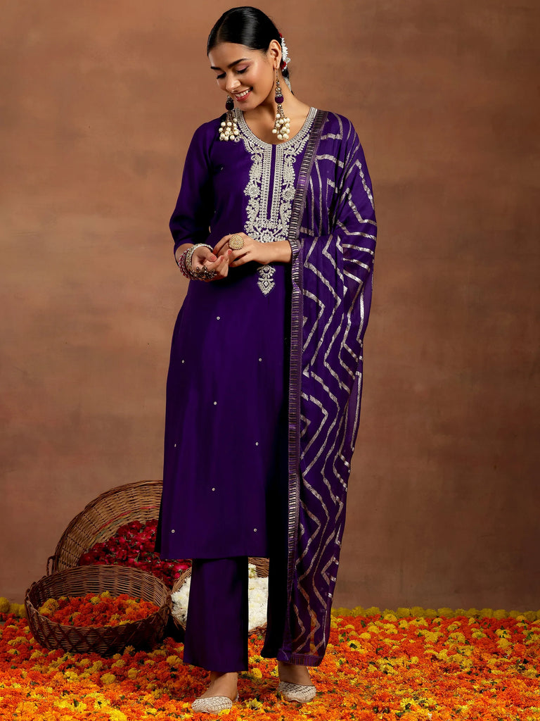 Gerua Purple Embroidered Silk Blend Straight Suit With Dupatta