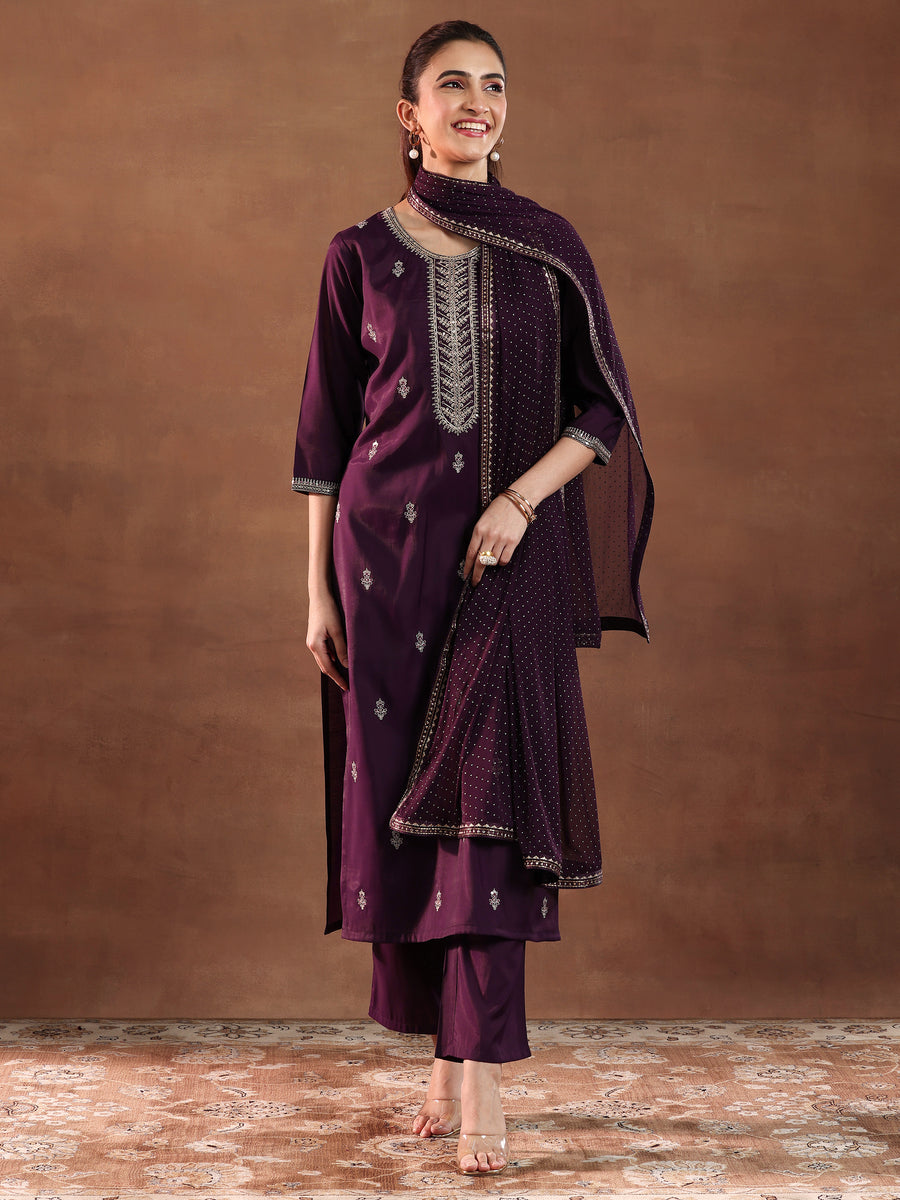 Wine Embroidered Silk Blend Straight Suit With Dupatta