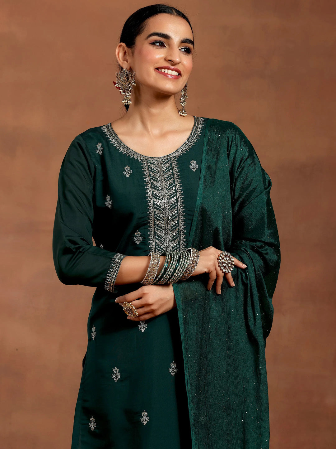  Green Embroidered Silk Blend Straight Suit With Dupatta 