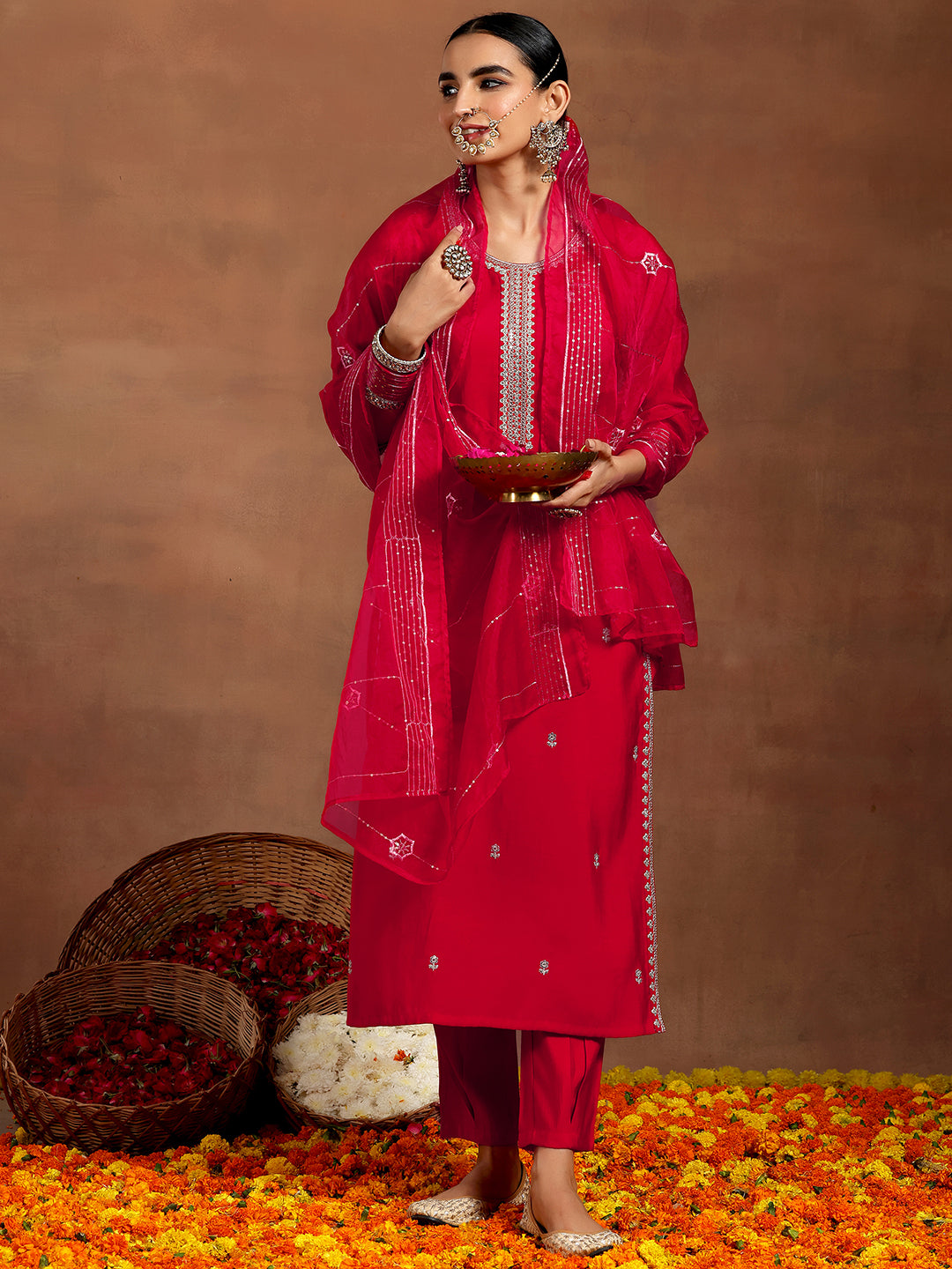 libas Red Embroidered Silk Blend Straight Suit With Dupatta-picture-27