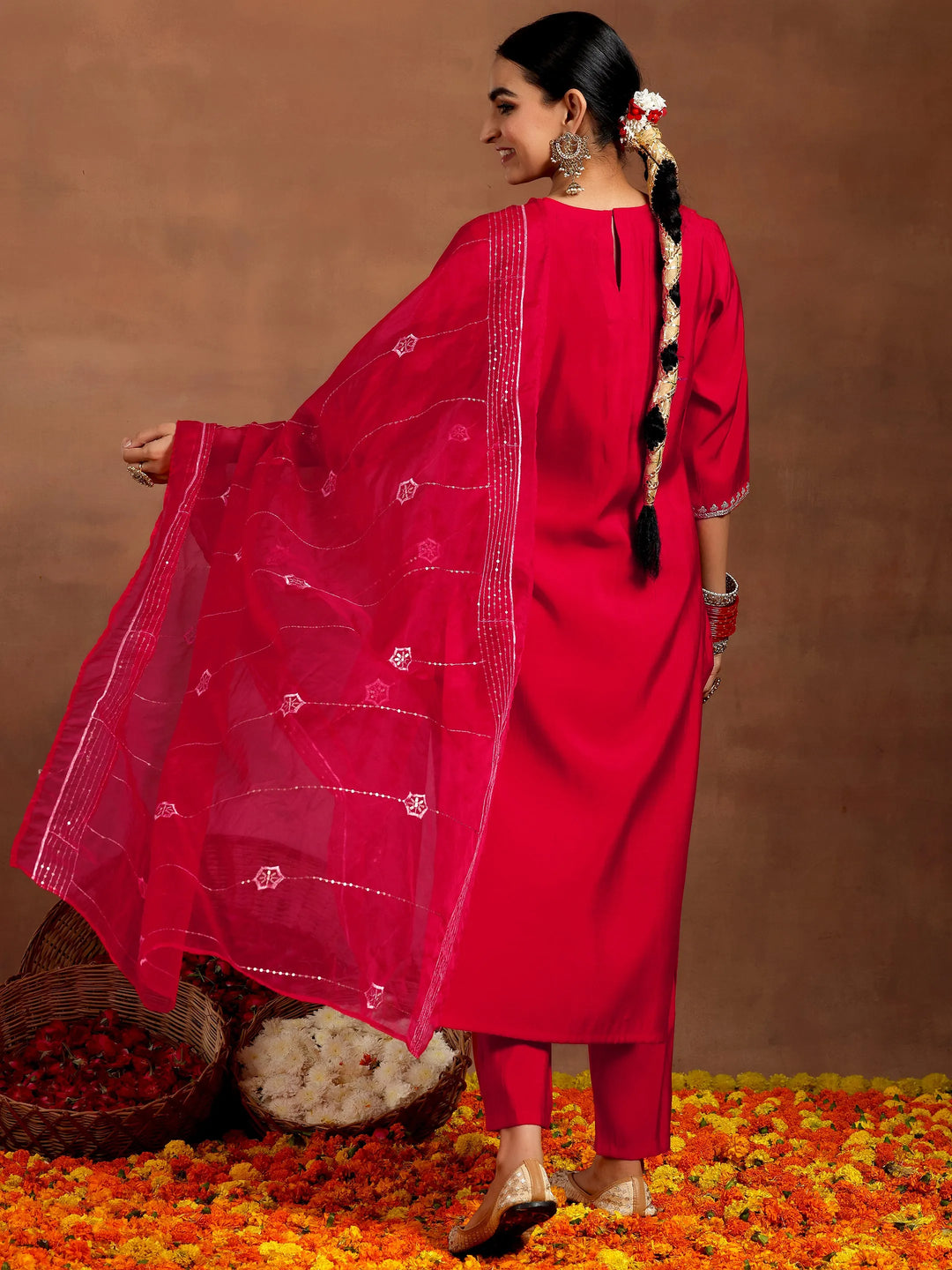  Red Embroidered Silk Blend Straight Suit With Dupatta 