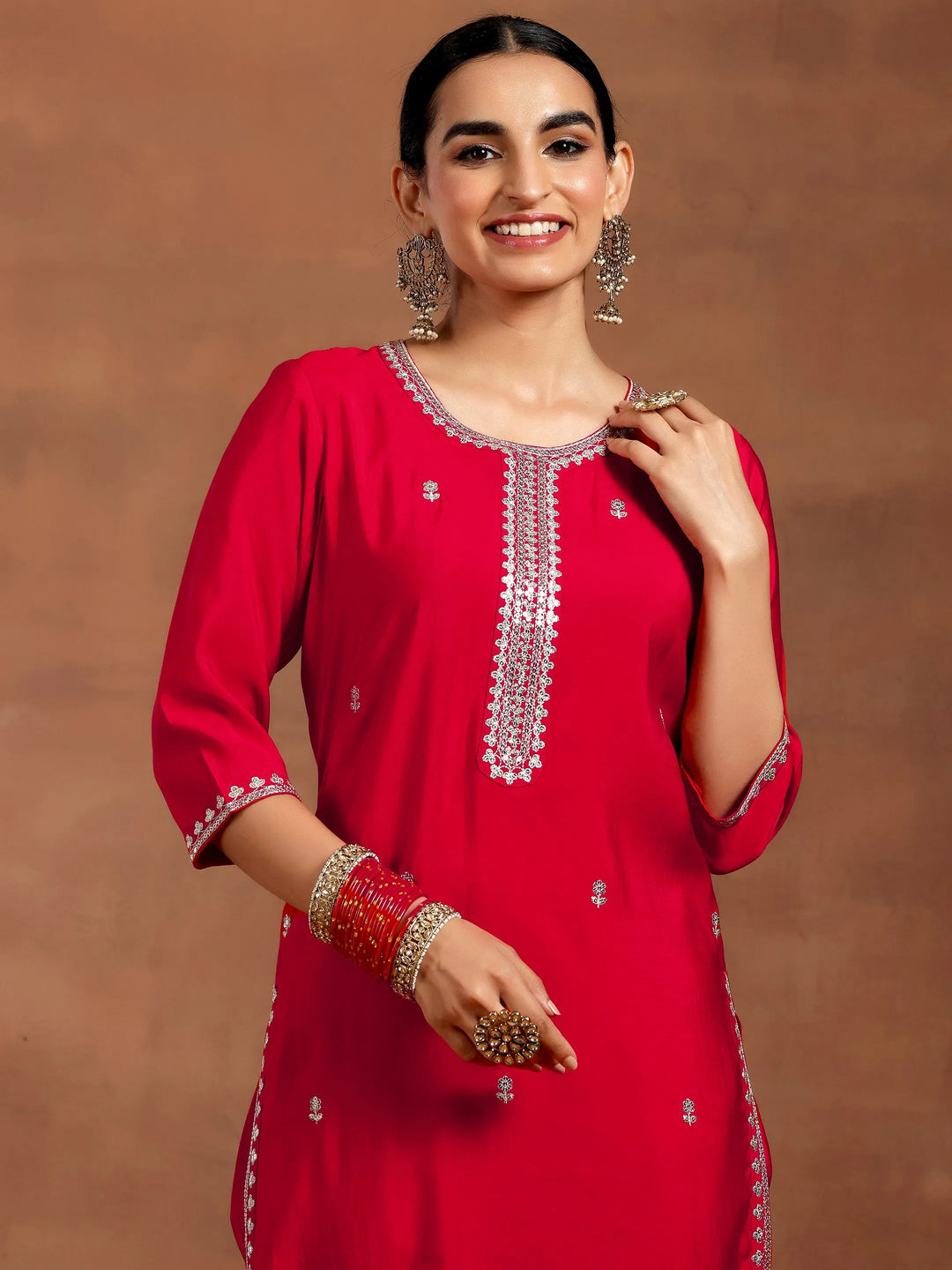  Red Embroidered Silk Blend Straight Suit With Dupatta 