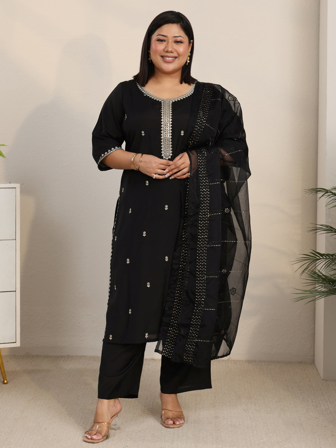  Plus Size Black Embroidered Silk Blend Straight Suit Set With Dupatta 